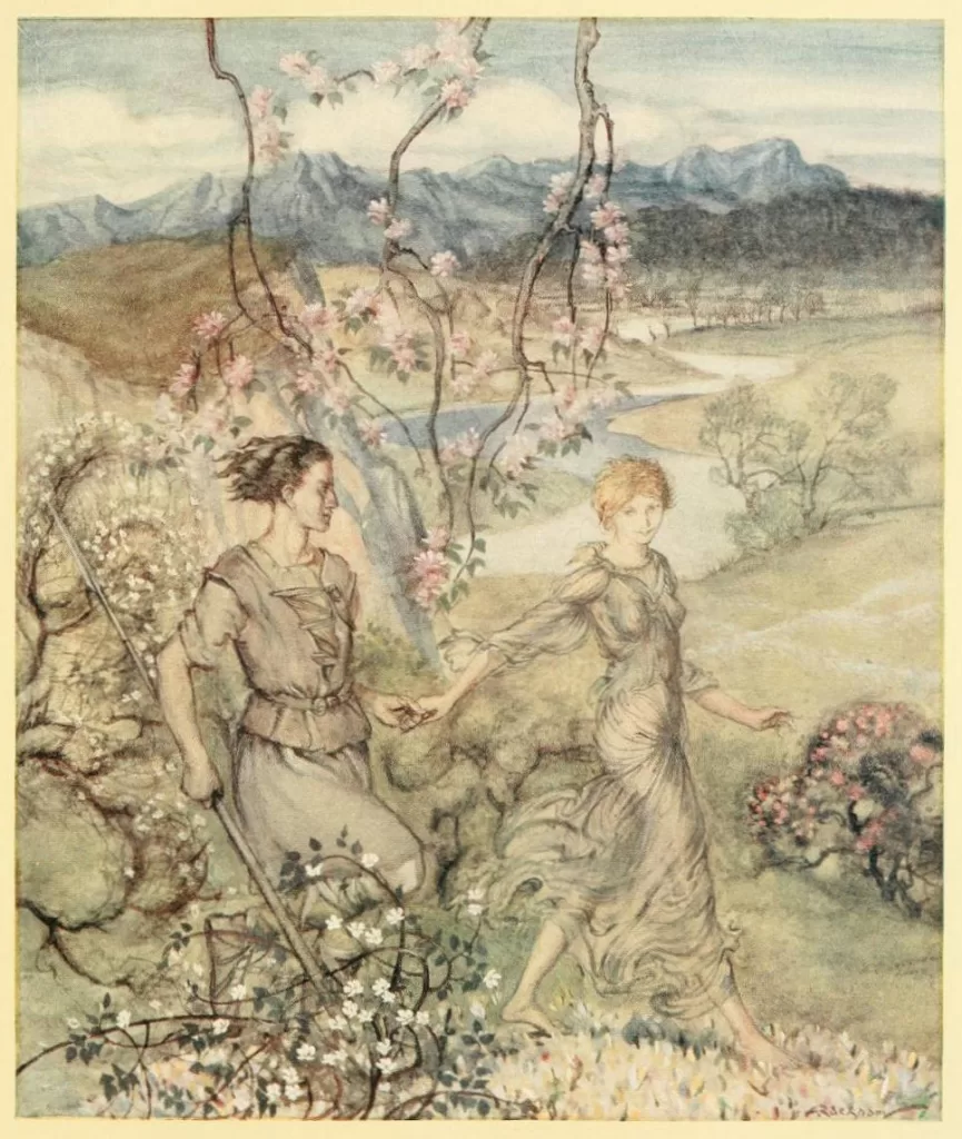 A young man and woman frolicking among blossoming apple trees, 1920. Arthur Rackham  (1867–1939)