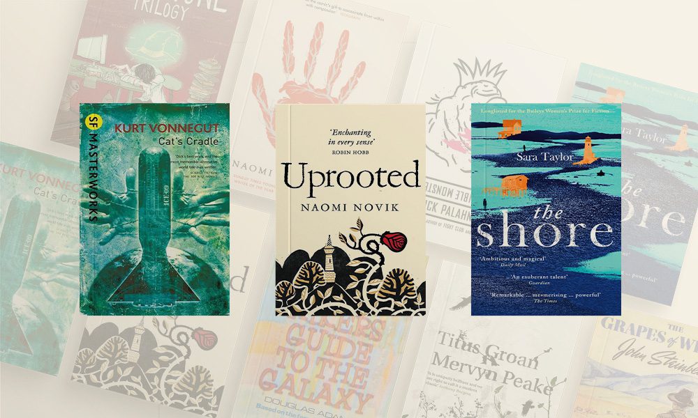 Title graphic for part 2 of season 4 book club reviews, featuring Cat's Cradle, Uprooted and The Shore.