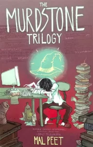 The cover of The Murdstone Trilogy by Mal Peet shows a writer slumped over his keyboard, with a ghostly wizard's hat floating above his head. It's the first book in The Book Corner season 4.