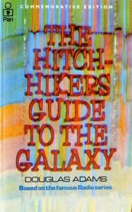 The original UK cover of The Hitchhiker's Guide to the Galaxy by Douglas Adams