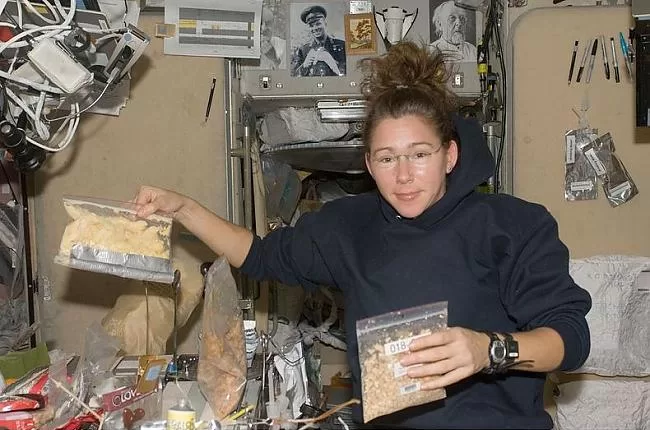 NASA astronaut Sandra Magnus cooking on the International Space Station during the Expedition 18 mission in 2006