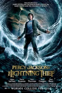 A teenage boy stands heroically amidst swirling waters in a poster for the 2010 film Percy Jackson and The Lightning Thief.