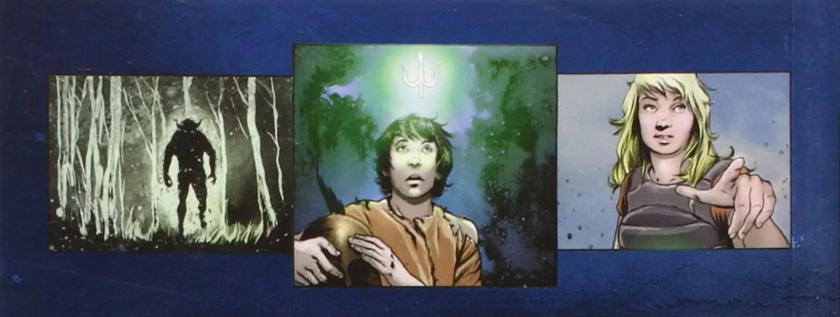 Frames from the back cover of the graphic novel of Percy Jackson and the Lightning Thief