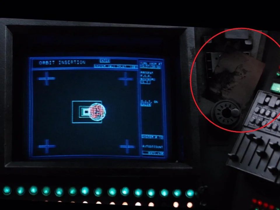 A picture of Jonesy the cat, as a kitten, beside a monitor on the Nostromo in 1979's Alien.